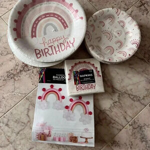 240pcs Birthday Pink Rainbow & Hearts Party Tableware & Balloon Kit Set